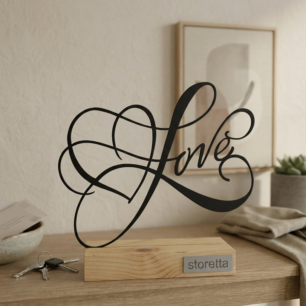 Minimalistisch decoratiebeeld van verweven liefdeslijnen, passend bij interieurs met mangohout en zwart staal.