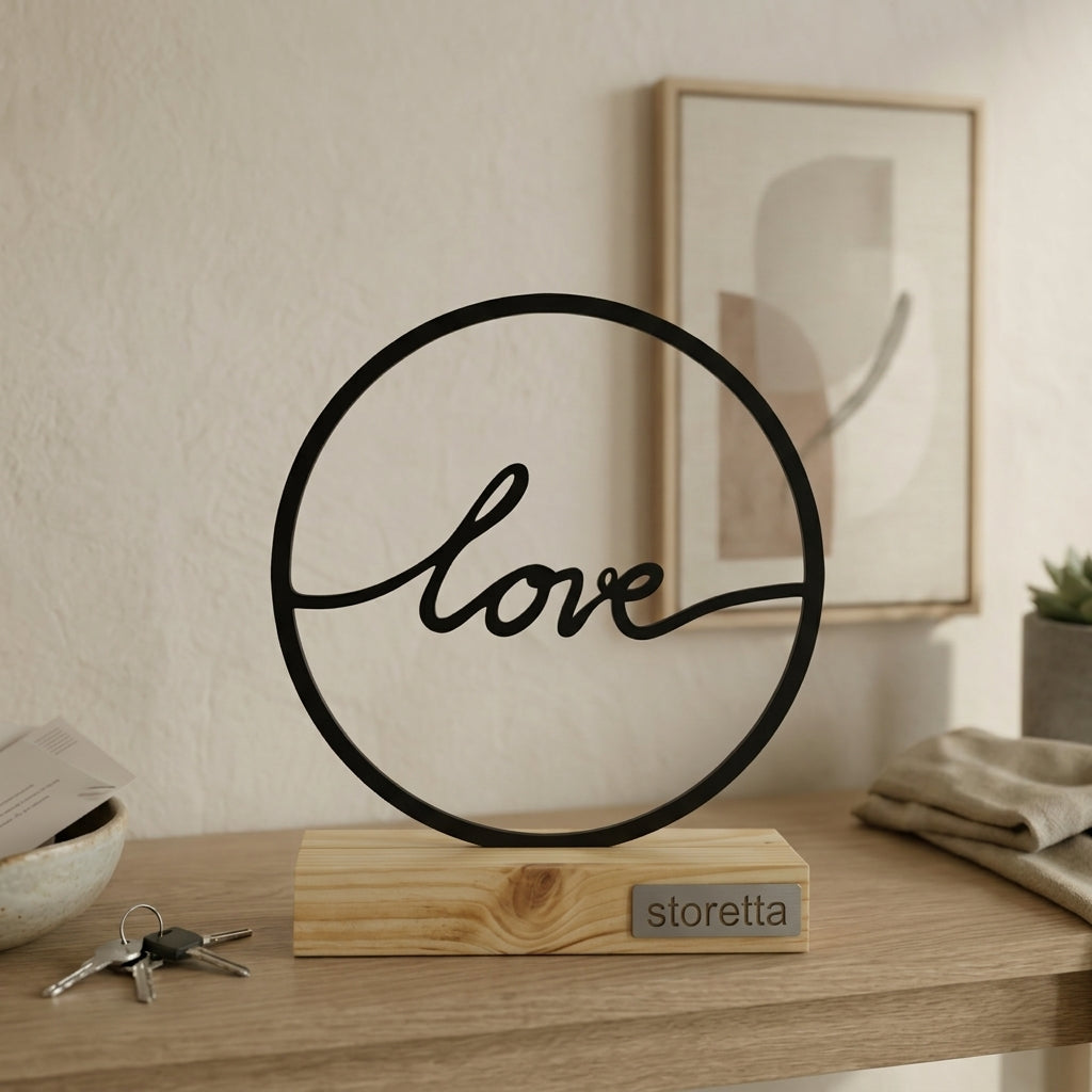 Minimalistisch decoratiebeeld met Love belettering, passend bij interieurs met mangohout en zwart staal