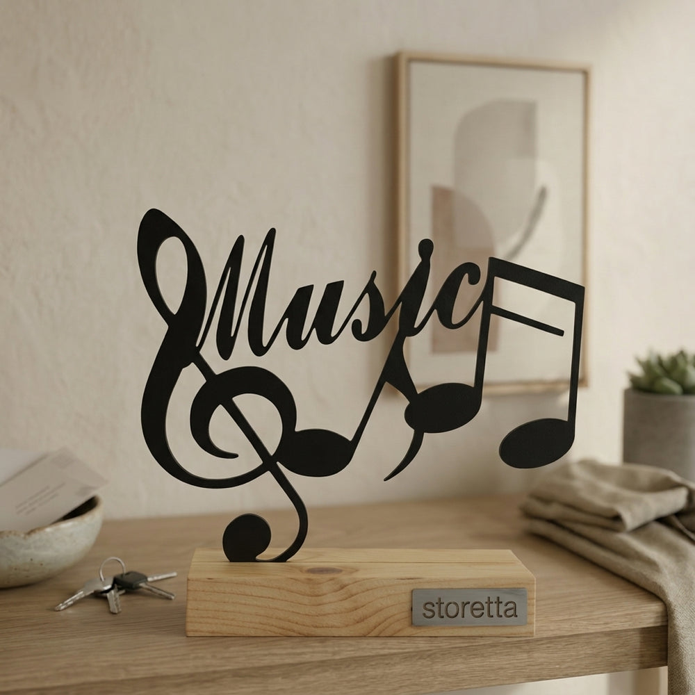Minimalistisch decoratiebeeld met Music belettering en vioolsleutel, passend bij interieurs met mangohout en staal.   