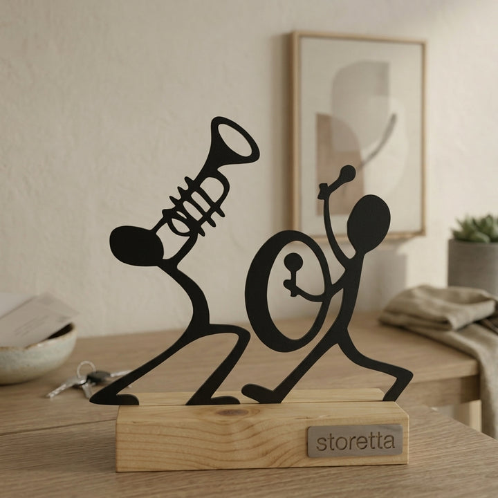Minimalistisch decoratiebeeld van twee muzikanten, passend bij interieurs met mangohout en staal.
