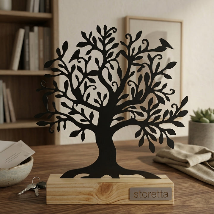 Minimalistisch decoratiebeeld van de levensboom, passend bij interieurs met mangohout en zwart staal.