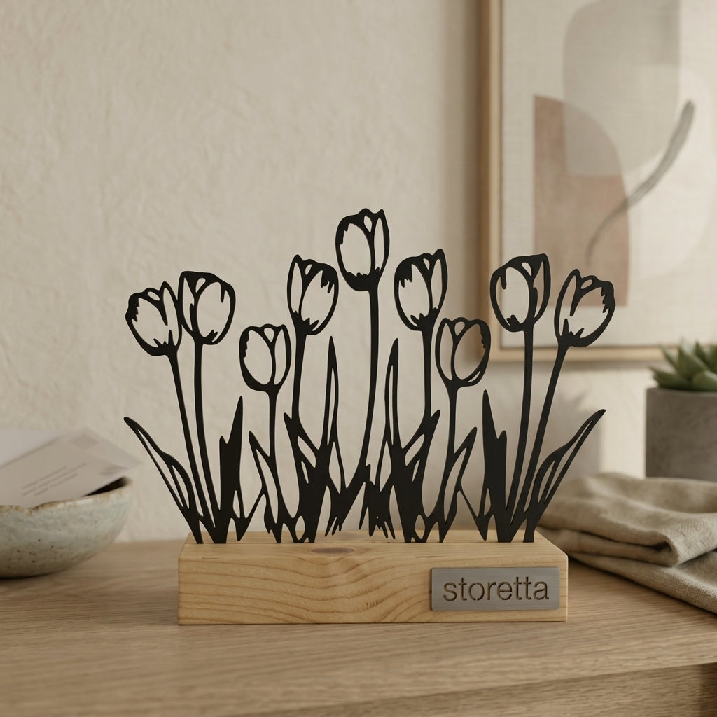 Minimalistisch decoratiebeeld van bloeiende tulpen, passend bij interieurs met mangohout en staal.
