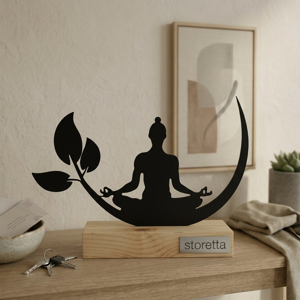 Minimalistisch decoratiebeeld van een yoga houding, passend bij interieurs met mangohout en zwart staal.
