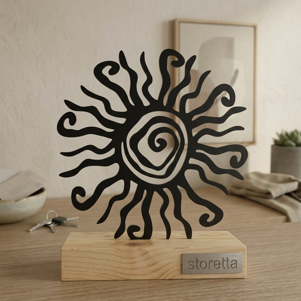 Minimalistisch decoratiebeeld van een zon met golvende stralen, passend bij interieurs met mangohout en staal.
