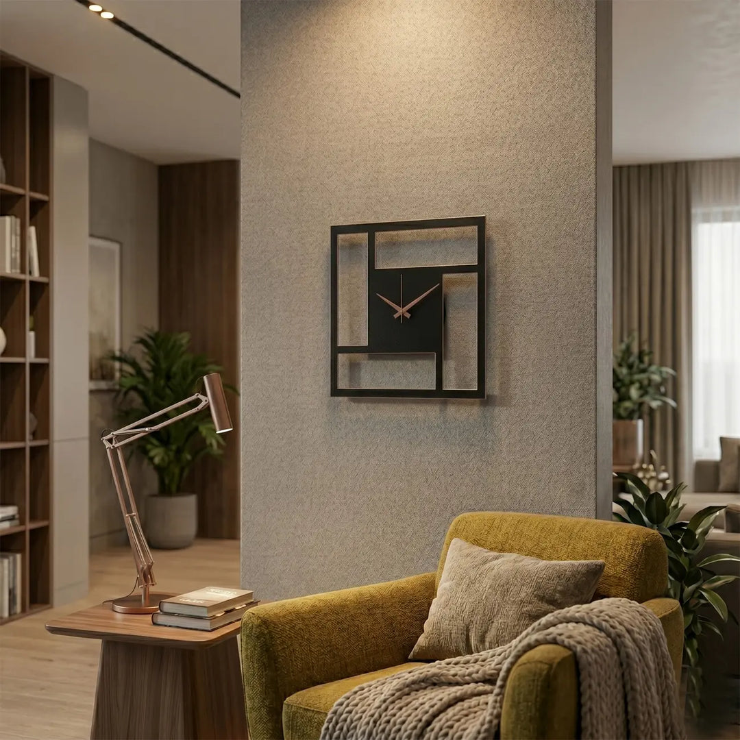 Stijlvolle metalen wandklok met een vierkant geometrisch patroon in de woonkamer. Combineert functionaliteit perfect met minimalistische muurkunst.