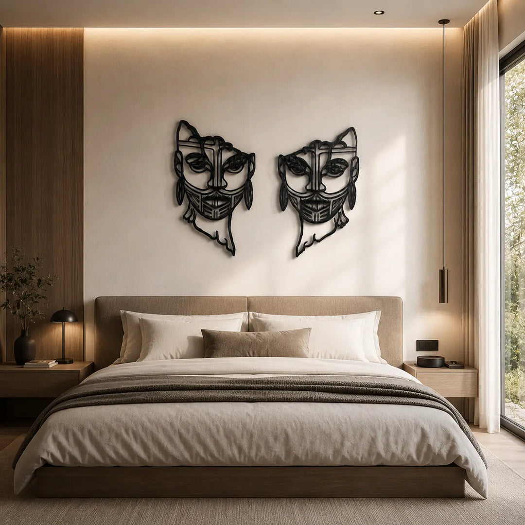 Mysterieuze en minimalistische set van 2 abstracte gezichten voor de slaapkamer. Mysterious and minimalist set of 2 abstract faces for the bedroom.