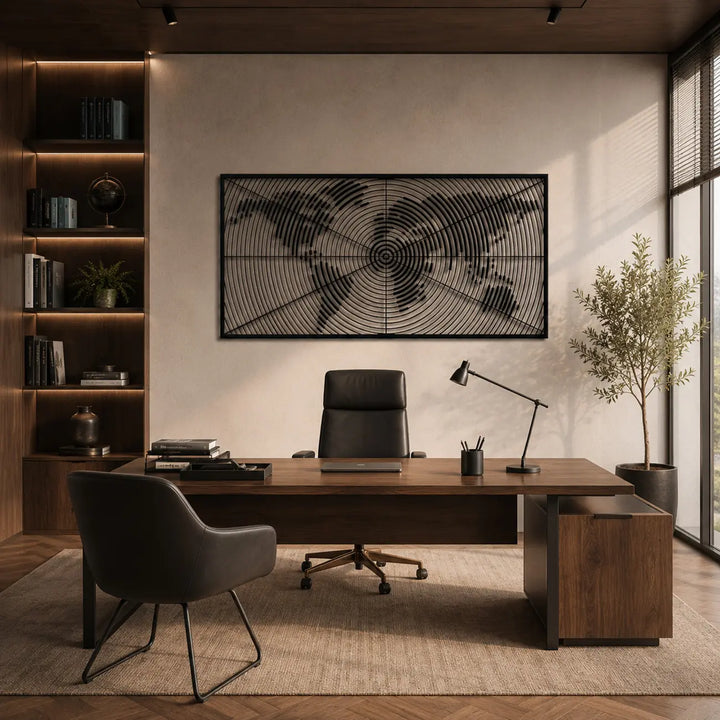 Zwarte metalen wereldkaart wanddecoratie, als een inspirerende en professionele achtergrond hangend aan de muur achter een bureau in een modern thuiskantoor.