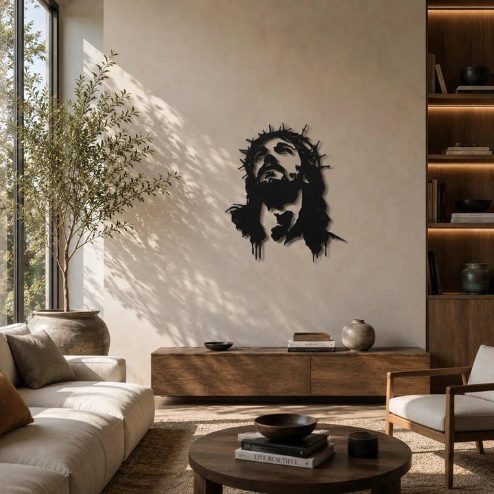 Moderne christelijke muurdecoratie in line art stijl. Dit indrukwekkende metalen portret van Jezus is een betekenisvolle eyecatcher voor in de woonkamer.