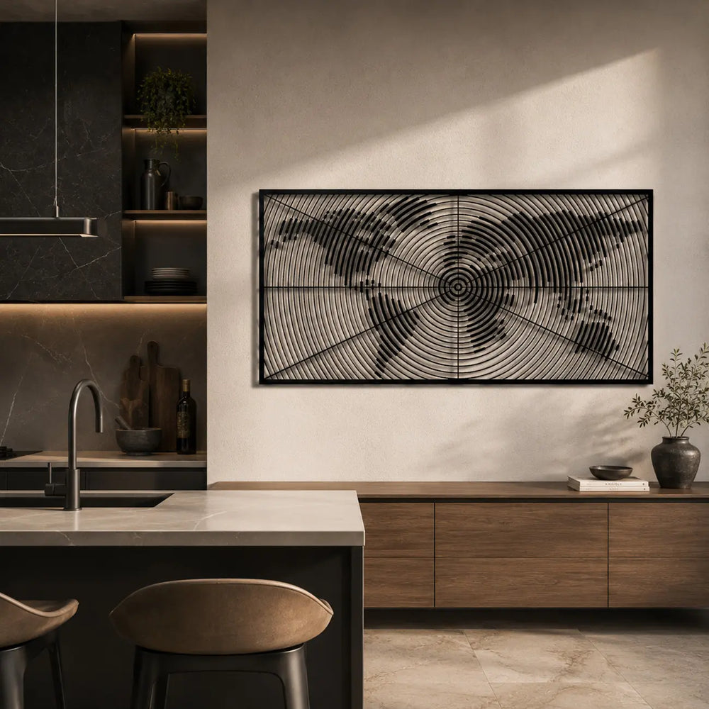 Zwarte metalen wereldkaart wanddecoratie, stijlvol en inspirerend hangend aan de muur achter een modern kookeiland in een lichte keuken.