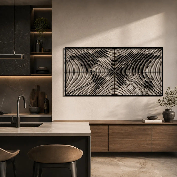 Zwarte metalen wereldkaart wanddecoratie, stijlvol en inspirerend hangend aan de muur achter een modern kookeiland in een lichte keuken.