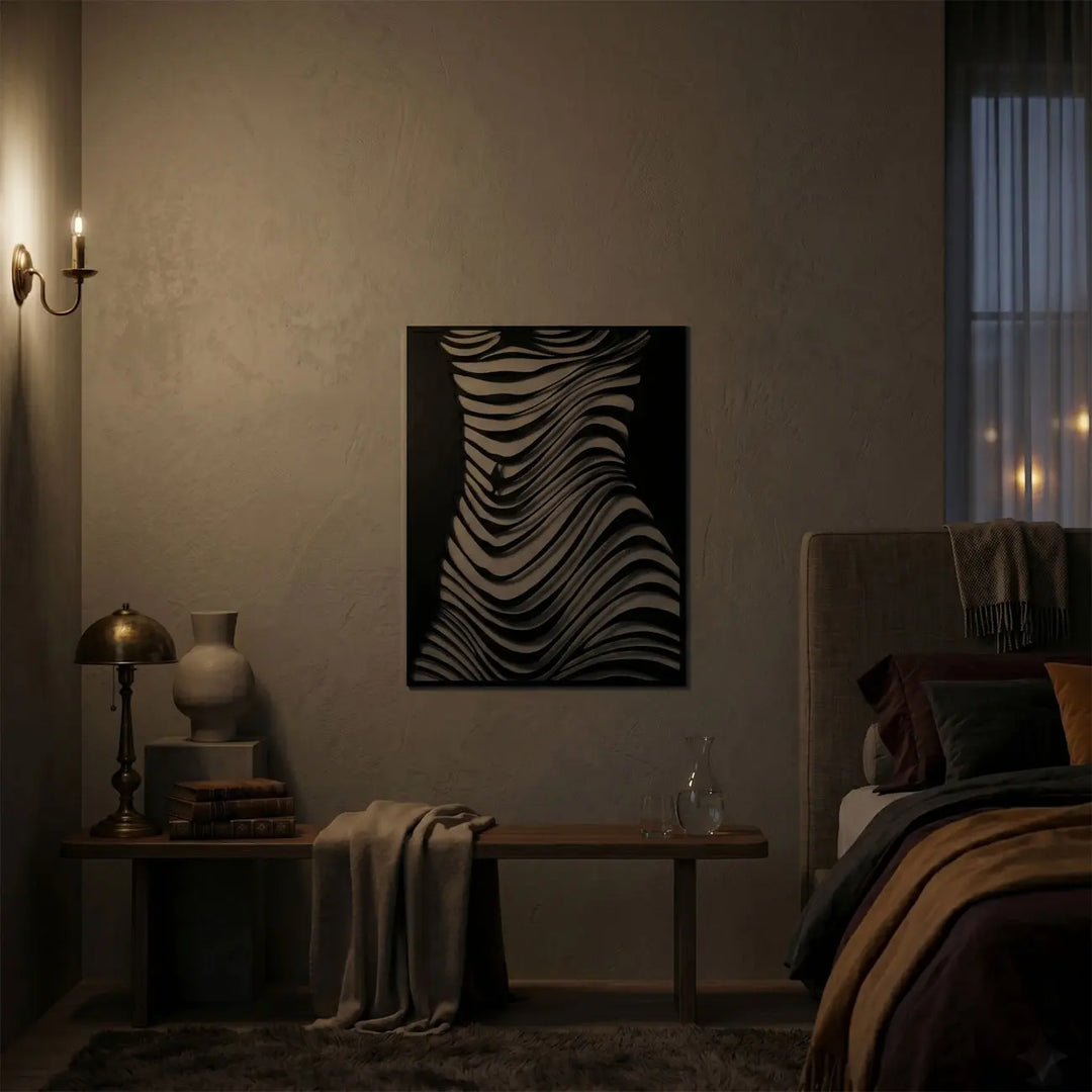 Modern vrouwelijk silhouet wanddecoratie voor een elegante slaapkamer. Modern female silhouette wall decor for an elegant bedroom.
