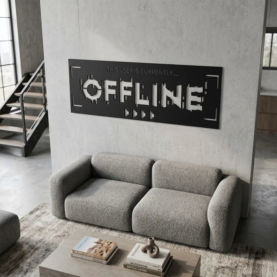 Stijlvolle metalen wanddecoratie 'User Offline' in de woonkamer. Modern minimalist pixel art wall art for living rooms.