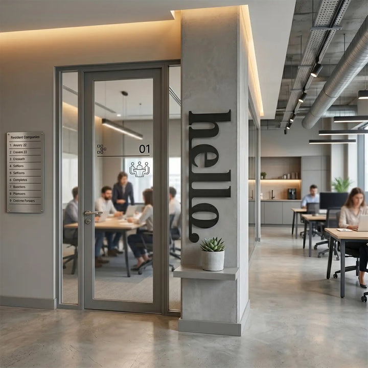 Zwarte metalen 'hello' tekst op een smalle muur in een modern kantoor. Ruimtebesparende en creatieve wanddecoratie voor de werkplek.