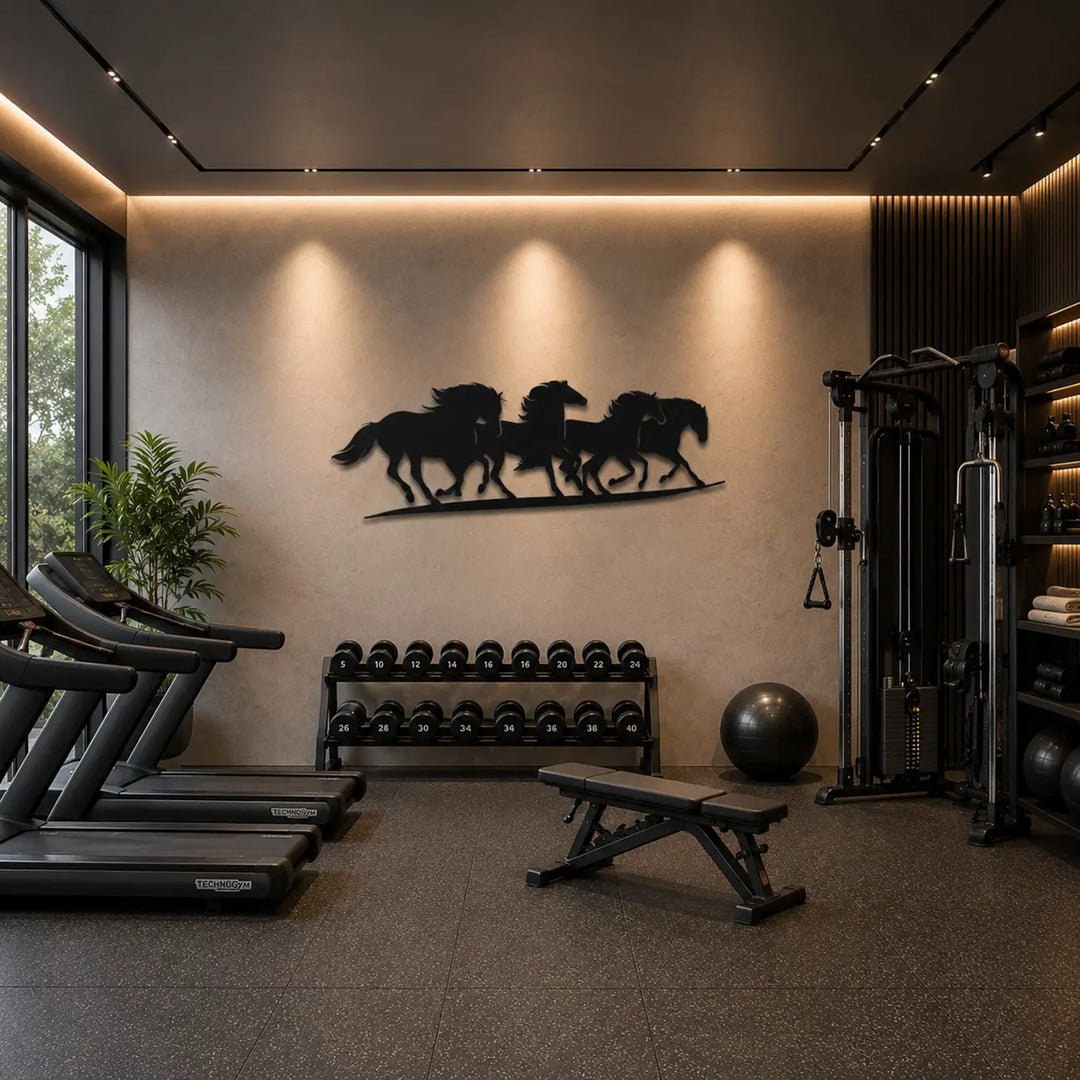 Krachtige en motiverende metalen wanddecoratie van een galopperende paardenkudde. De ultieme eyecatcher voor een dynamische en energieke sfeer in uw sportschool of fitnessruimte.