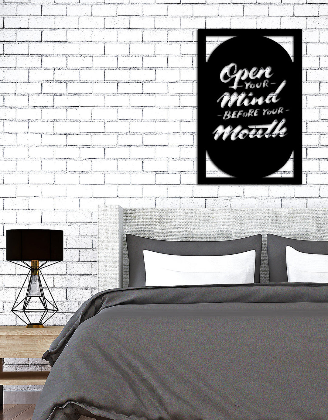 Rustgevende en motiverende wanddecoratie voor de slaapkamer. Motivating and peaceful metal bedroom quote wall art.