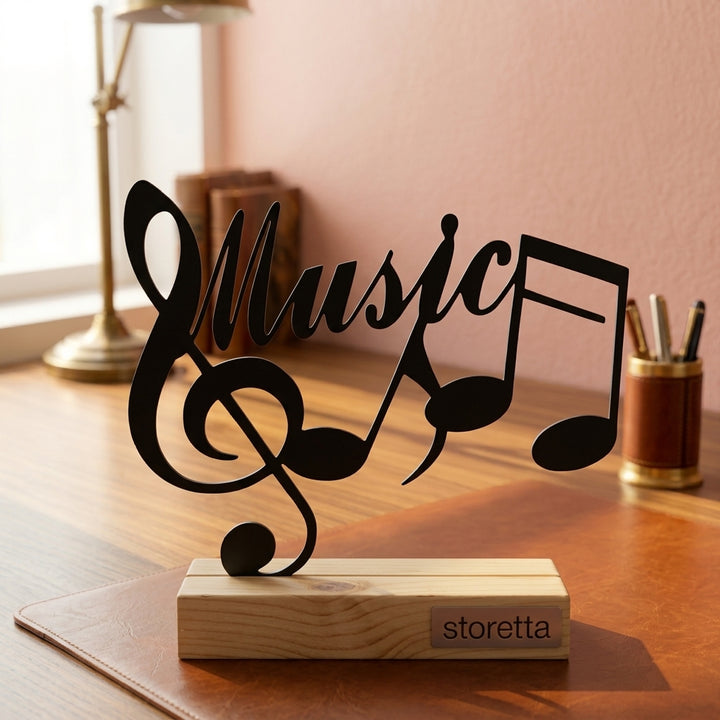 Music met G-sleutel en muzieknoten - Zwart metalen ornament op massief houten voet als creatieve bureaudecoratie