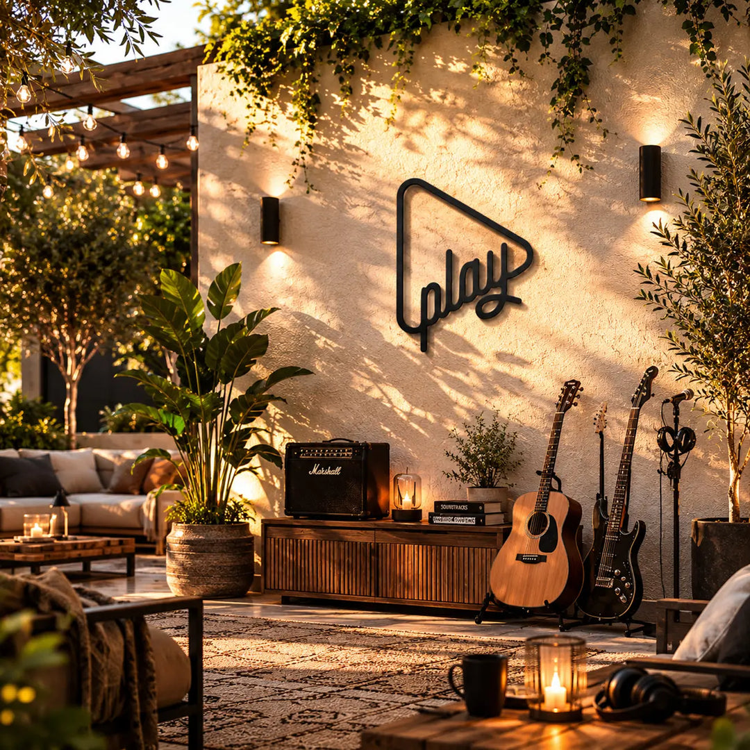 Zwarte metalen 'Just Play' wanddecoratie in een gezellige muziekhoek. Het perfecte cadeau voor muzikanten en muziekliefhebbers.