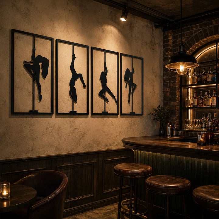 Opvallende metalen dans silhouetten voor een stijlvolle nachtclub of lounge bar. Striking metal dance silhouettes for a stylish nightclub or lounge bar.