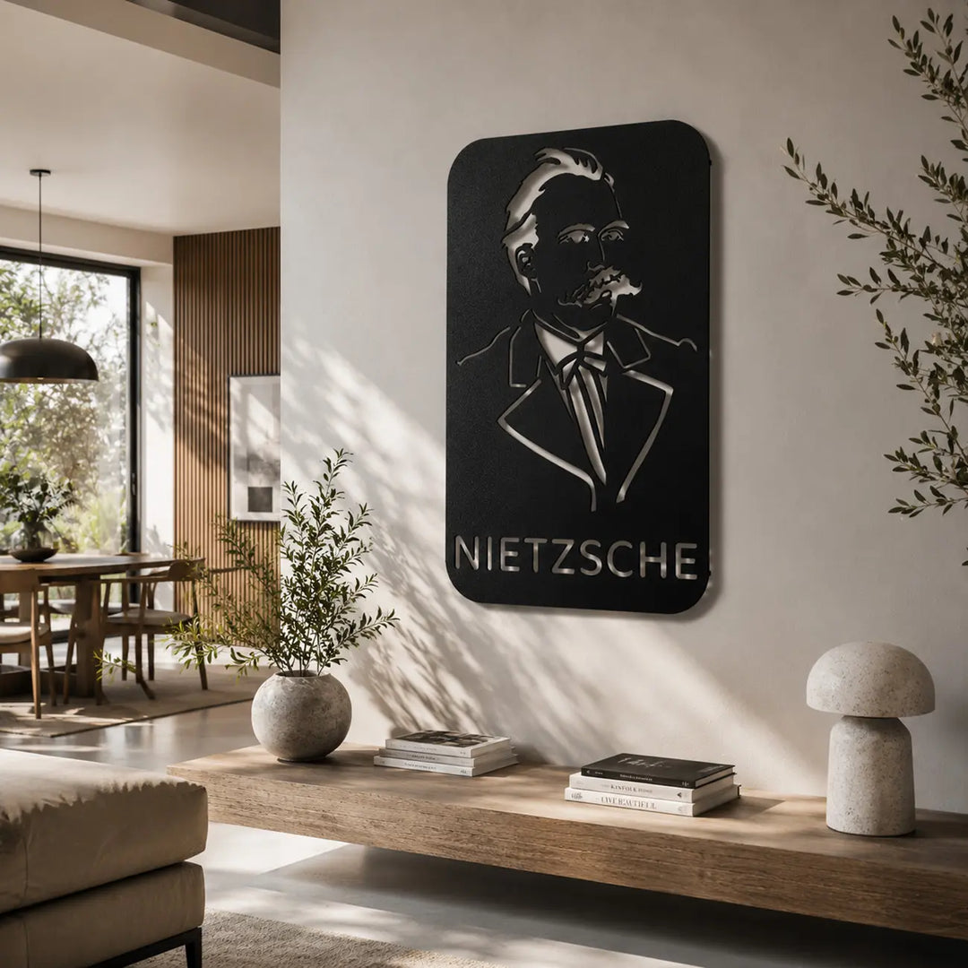 Indrukwekkende Friedrich Nietzsche metalen wanddecoratie bij de entree van de woonkamer voor een intellectuele binnenkomst. Impressive Friedrich Nietzsche metal wall decor at the entrance of the living room for an intellectual entry.