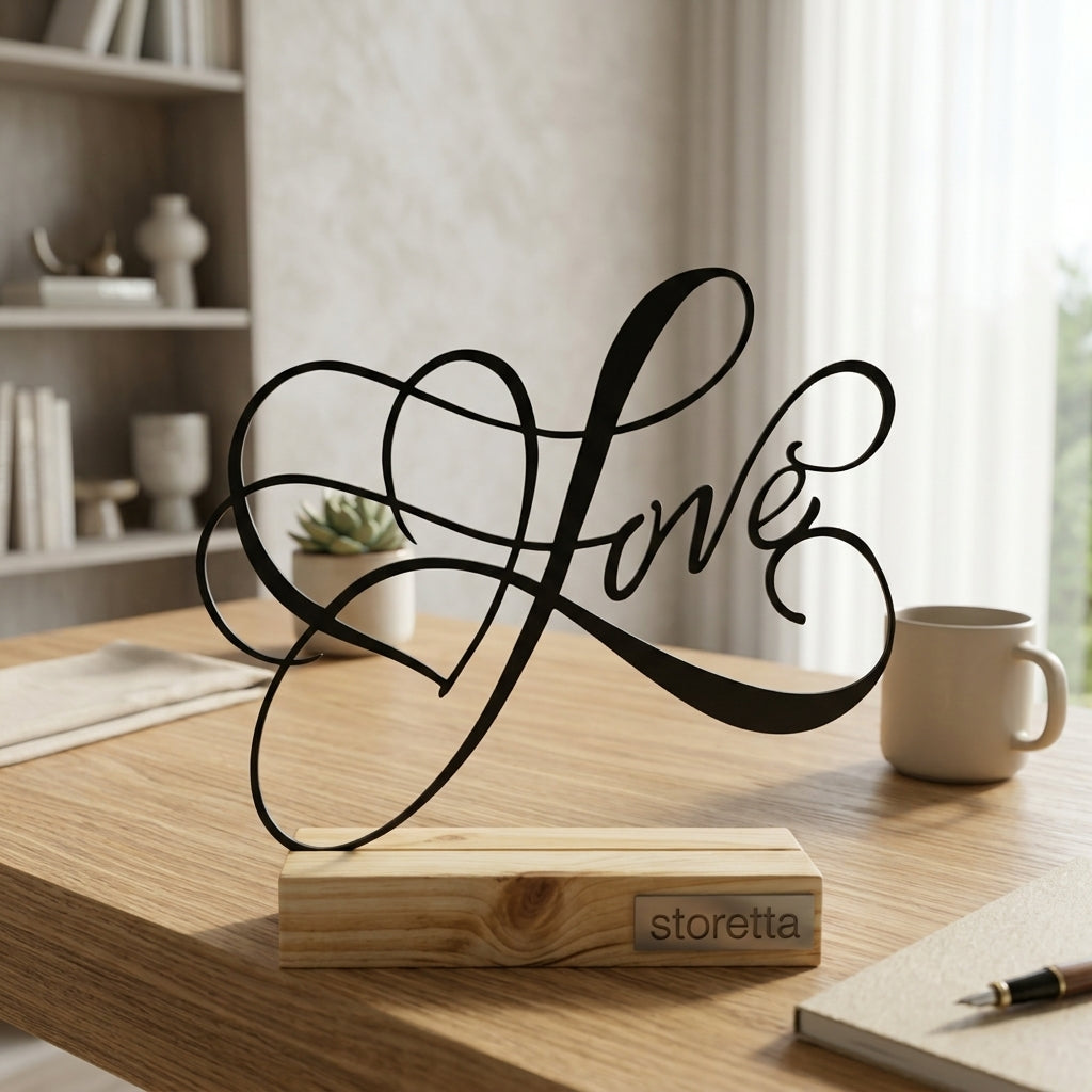 Oneindige Liefde beeldje op sokkel met dynamische kalligrafie voor dressoir, schouw of slaapkamer.