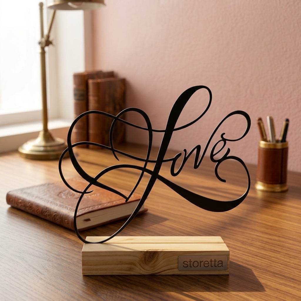 De Oneindige Liefde - Zwart metalen ornament met infinity hart op massief houten voet als romantische bureaudecoratie