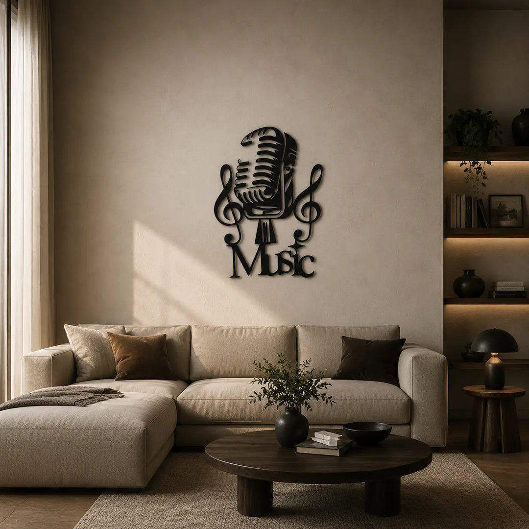 Zwarte metalen retro microfoon wanddecoratie, sfeervol hangend boven een dressoir met platenspeler in een vintage woonkamer.