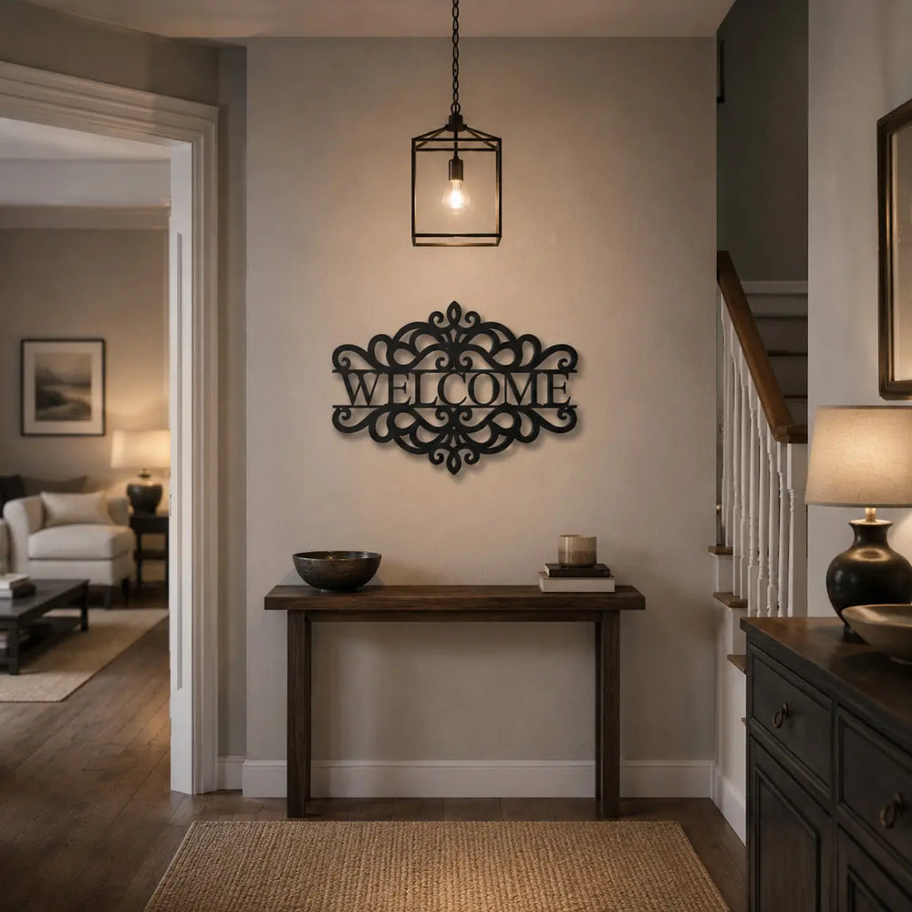 Gastvrije metalen wanddecoratie 'Welcome' in de woonkamer. Elegant living room welcome metal wall decor.