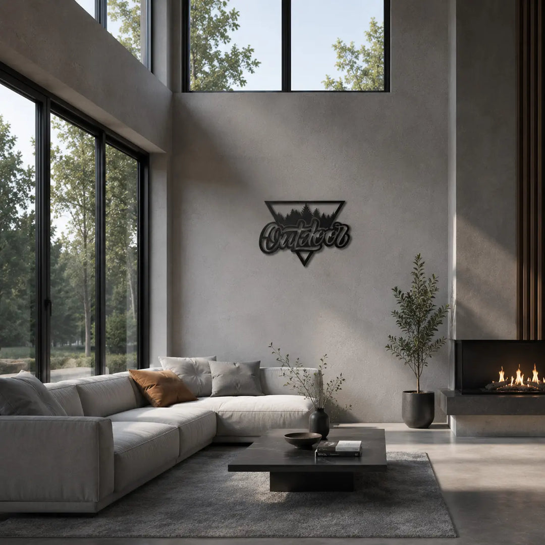 Breng de natuur binnen met de 'Outdoor' metalen wanddecoratie in de woonkamer. Bring nature indoors with the 'Outdoor' metal living room wall decor.