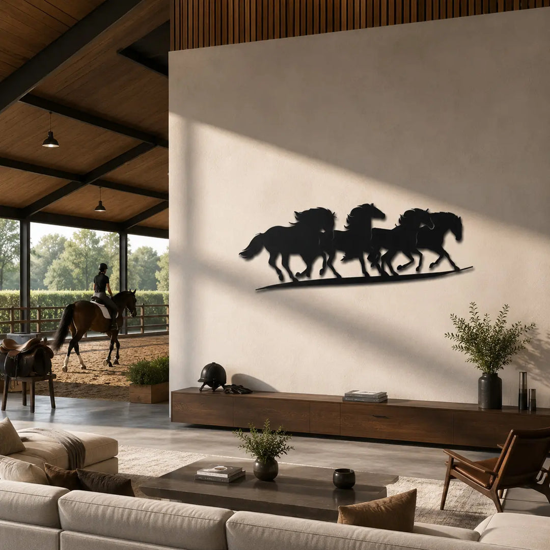 De ultieme metalen wanddecoratie voor de echte paardenliefhebber, een luxueuze toevoeging voor de ontvangstruimte of kantine van een manege.
