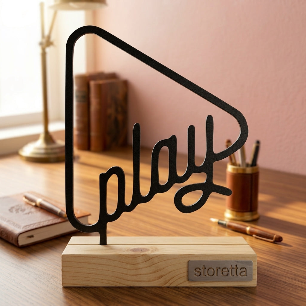 Play knop in driehoek - Zwart metalen ornament op massief houten voet als creatieve bureaudecoratie