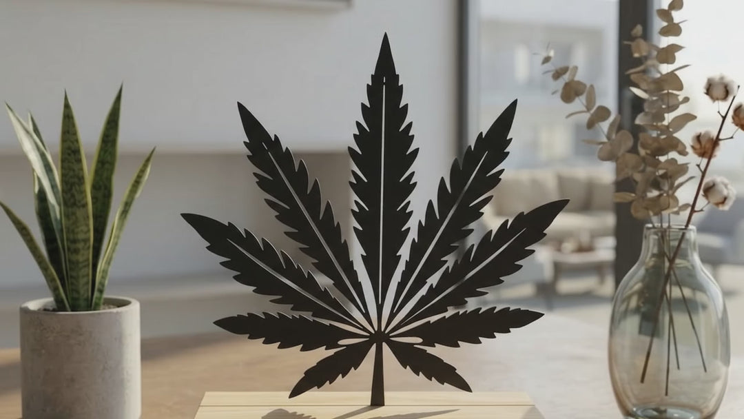 Het Cannabisblad 360 graden overzicht - Botanisch metalen beeld op geüpcyclede massief houten voet met teakolie.
