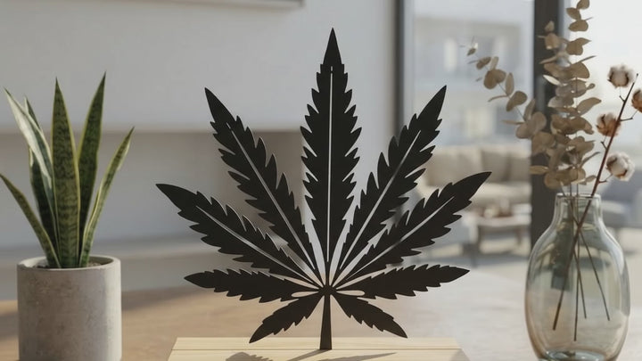 Het Cannabisblad 360 graden overzicht - Botanisch metalen beeld op geüpcyclede massief houten voet met teakolie.