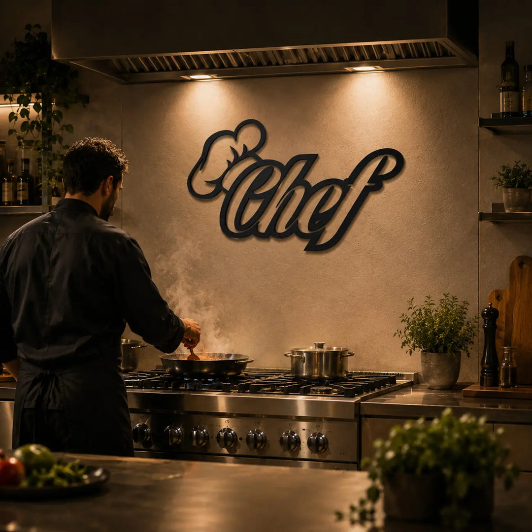 Decoratieve metalen Chef wandkunst voor de horeca. Geef uw foodtruck, restaurant of kookstudio direct een professionele en stoere uitstraling.