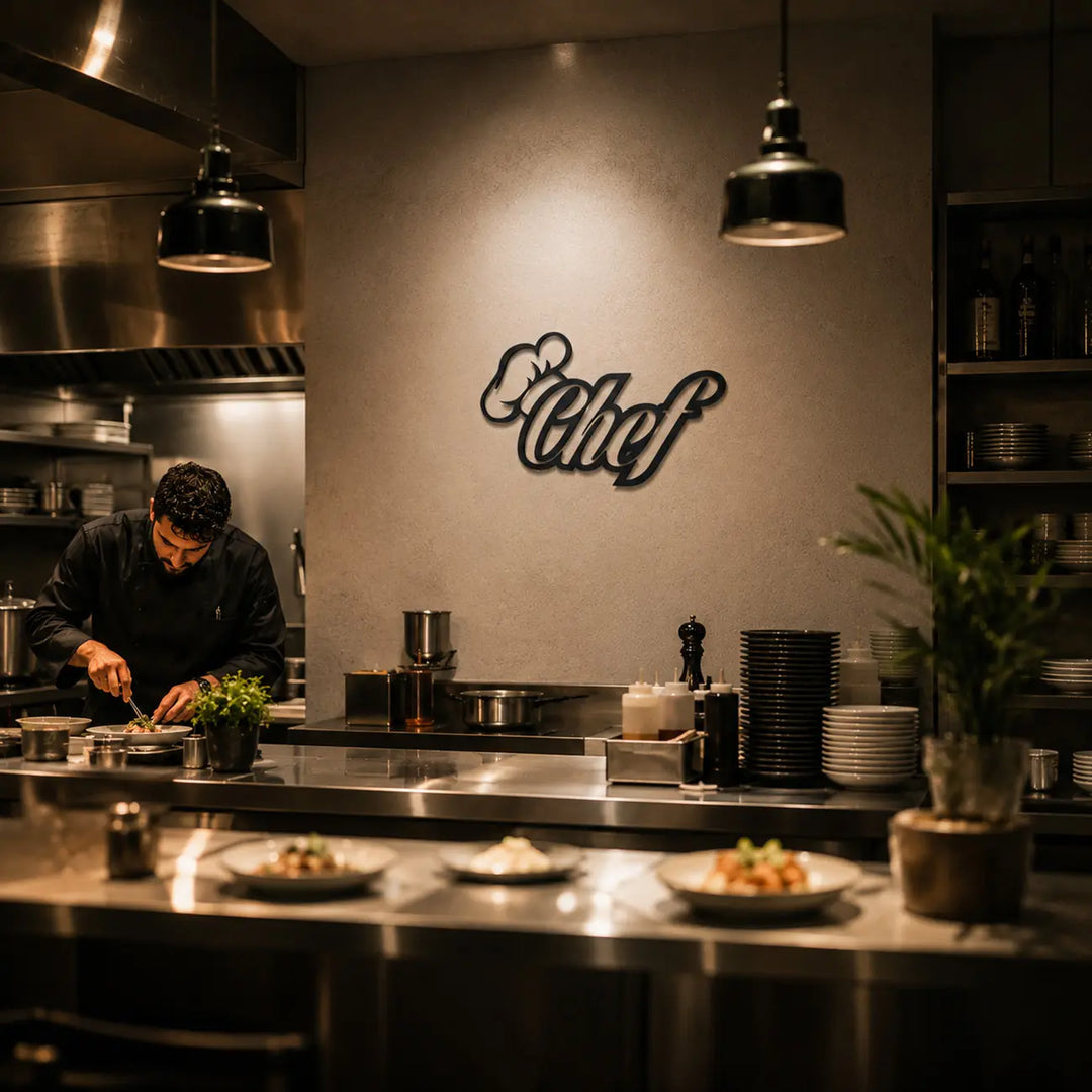 Zwarte metalen Chef wanddecoratie aan de muur in een professionele open keuken. Een krachtig, visueel statement dat de passie van de chef-kok benadrukt voor de gasten in het restaurant.