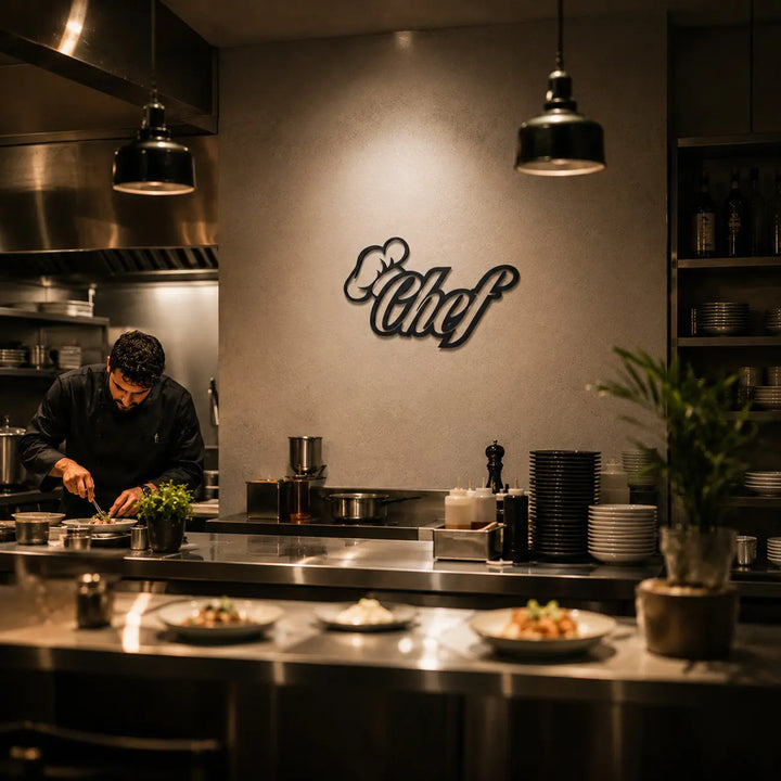 Zwarte metalen Chef wanddecoratie aan de muur in een professionele open keuken. Een krachtig, visueel statement dat de passie van de chef-kok benadrukt voor de gasten in het restaurant.