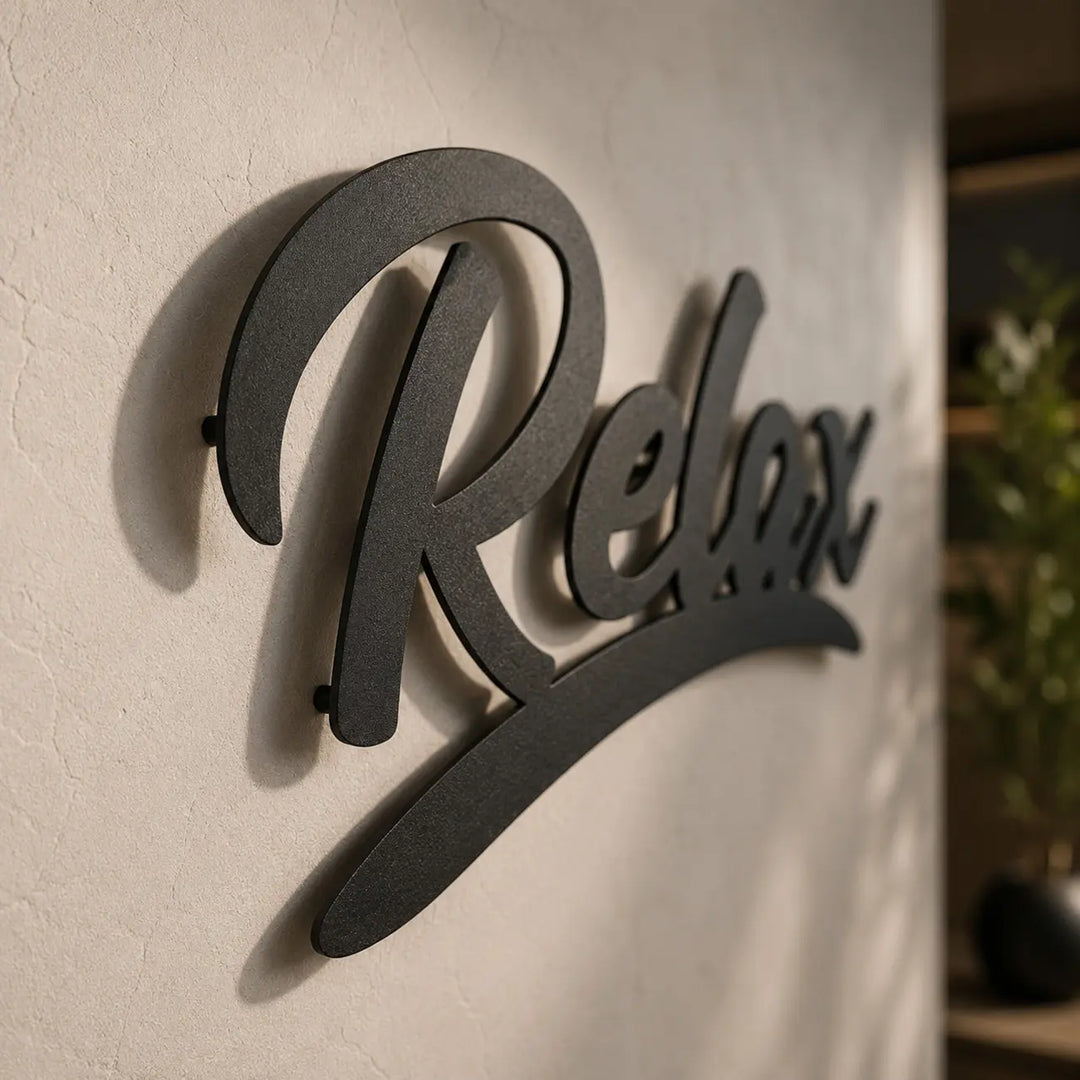 Zwarte metalen wanddecoratie met de tekst Relax in een strak en modern lettertype met 3D-effect.