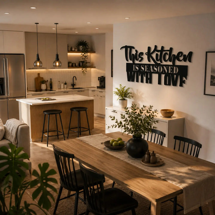 Sfeervolle metalen muurtekst over liefde en koken, ideaal om een warme en liefdevolle sfeer te creëren boven de eettafel in de eetkamer.