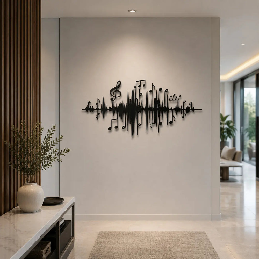 Zwarte metalen geluidsgolf wanddecoratie hangend in een lichte, ruime hal als een moderne eyecatcher bij de entree.