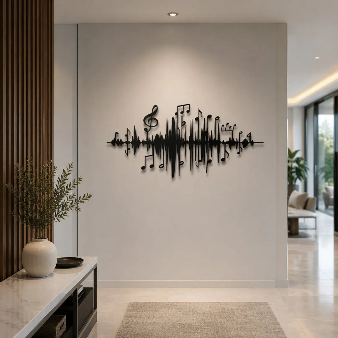 Zwarte metalen geluidsgolf wanddecoratie hangend in een lichte, ruime hal als een moderne eyecatcher bij de entree.