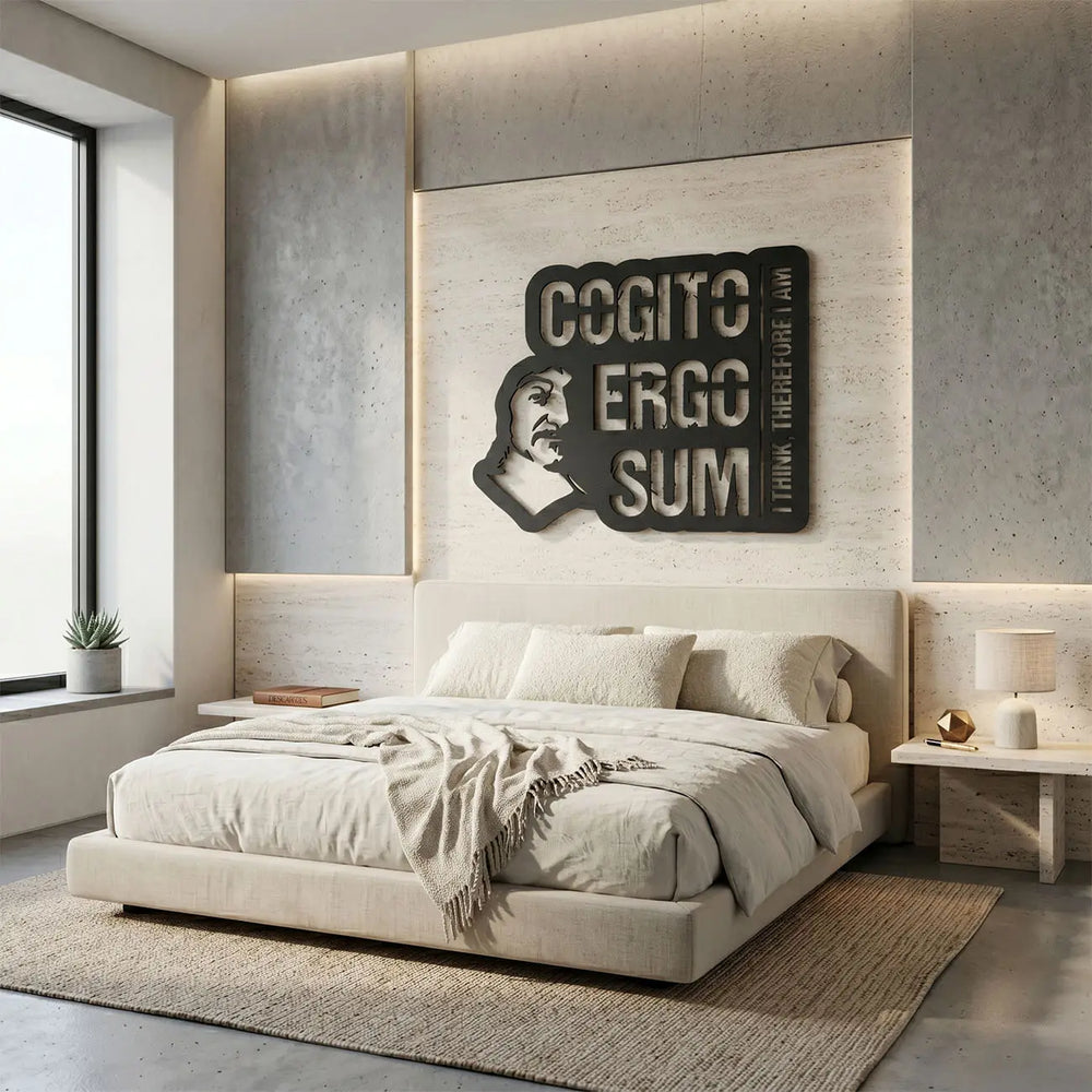 Rustgevende 'Cogito Ergo Sum' wanddecoratie aan de muur van een slaapkamer. Peaceful bedroom metal wall art with Descartes quote.