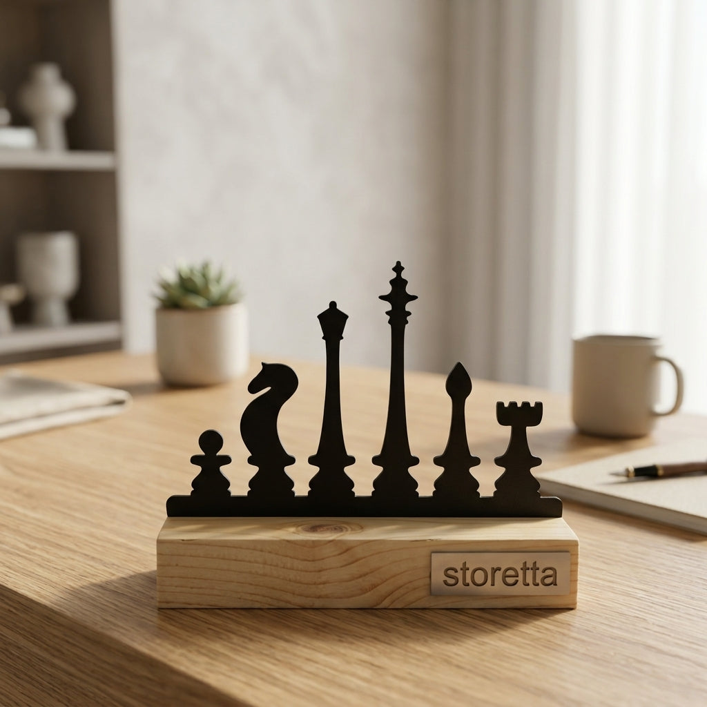 Schaakstukken beeldje op sokkel met koning, dame, paard en toren voor bureau, dressoir of studeerkamer.   