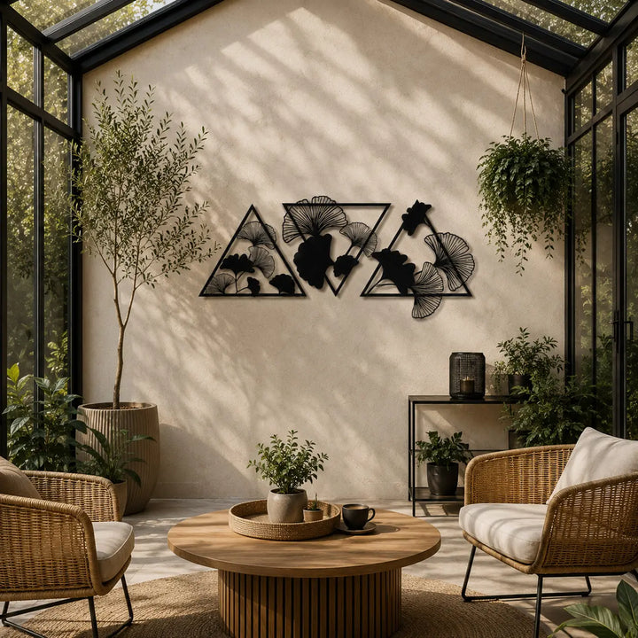 Prachtige 3-delige metalen Ginkgo Biloba wanddecoratie. Breng de natuur naar binnen en geef uw tuinkamer of serre direct een moderne, botanische sfeer.
