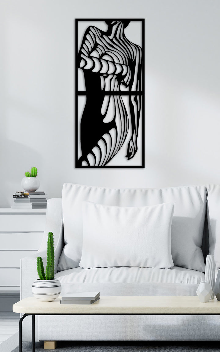 Grote set van 2 metalen wanddecoraties met abstracte vrouw lijnen. Een stijlvolle en warme toevoeging om een alledaagse, gezellige woonkamer direct een moderne uitstraling te geven.