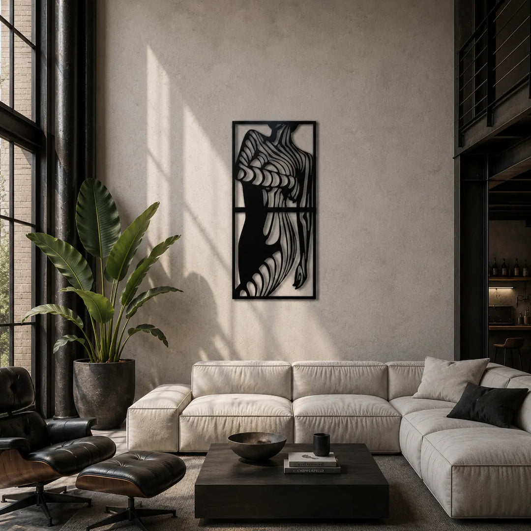 Grote set van 2 metalen wanddecoraties met abstracte vrouw lijnen. Een indrukwekkende en moderne eyecatcher voor boven de bank in de woonkamer.