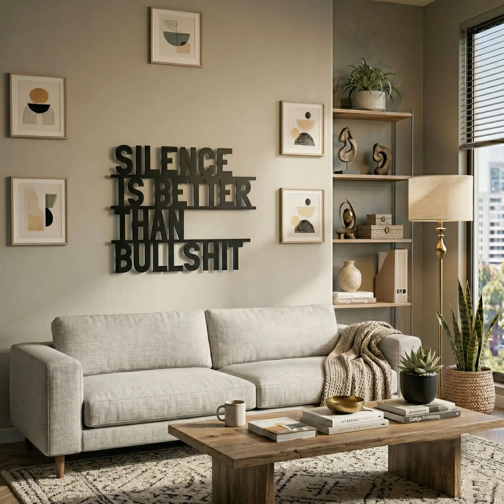 Stoere metalen wanddecoratie met de quote 'Silence is better' als opvallende eyecatcher in een moderne woonkamer.