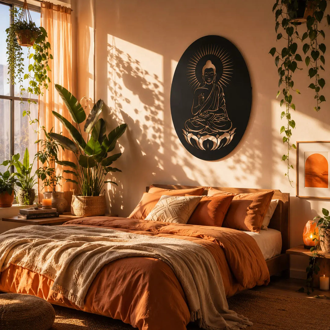 Creëer een zen-sfeer in je slaapkamer met de ovale Boeddha wanddecoratie. Matzwart, spiritueel en rustgevend. Perfect voor boven het bed.