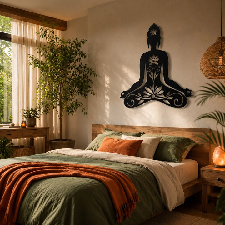 Val heerlijk in slaap in een oase van rust. De Boeddha Lotus metalen wanddecoratie is een prachtige, zen eyecatcher voor boven het bed.