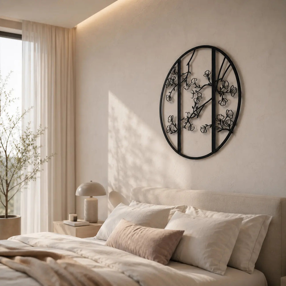 Creëer een zen-sfeer in je slaapkamer met de ronde metalen bloesemtakken wanddecoratie. Prachtig boven het bed. Matzwart en rustgevend.