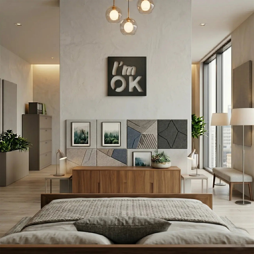 Rustgevende 'I'm OK' tekstbord decoratie in de slaapkamer. Een positieve en minimalistische metalen wanddecoratie om de dag goed te beginnen.