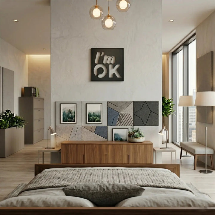 Rustgevende 'I'm OK' tekstbord decoratie in de slaapkamer. Een positieve en minimalistische metalen wanddecoratie om de dag goed te beginnen.